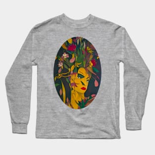 Contemporary Abstract Woman with Flowers for Hair Art Long Sleeve T-Shirt